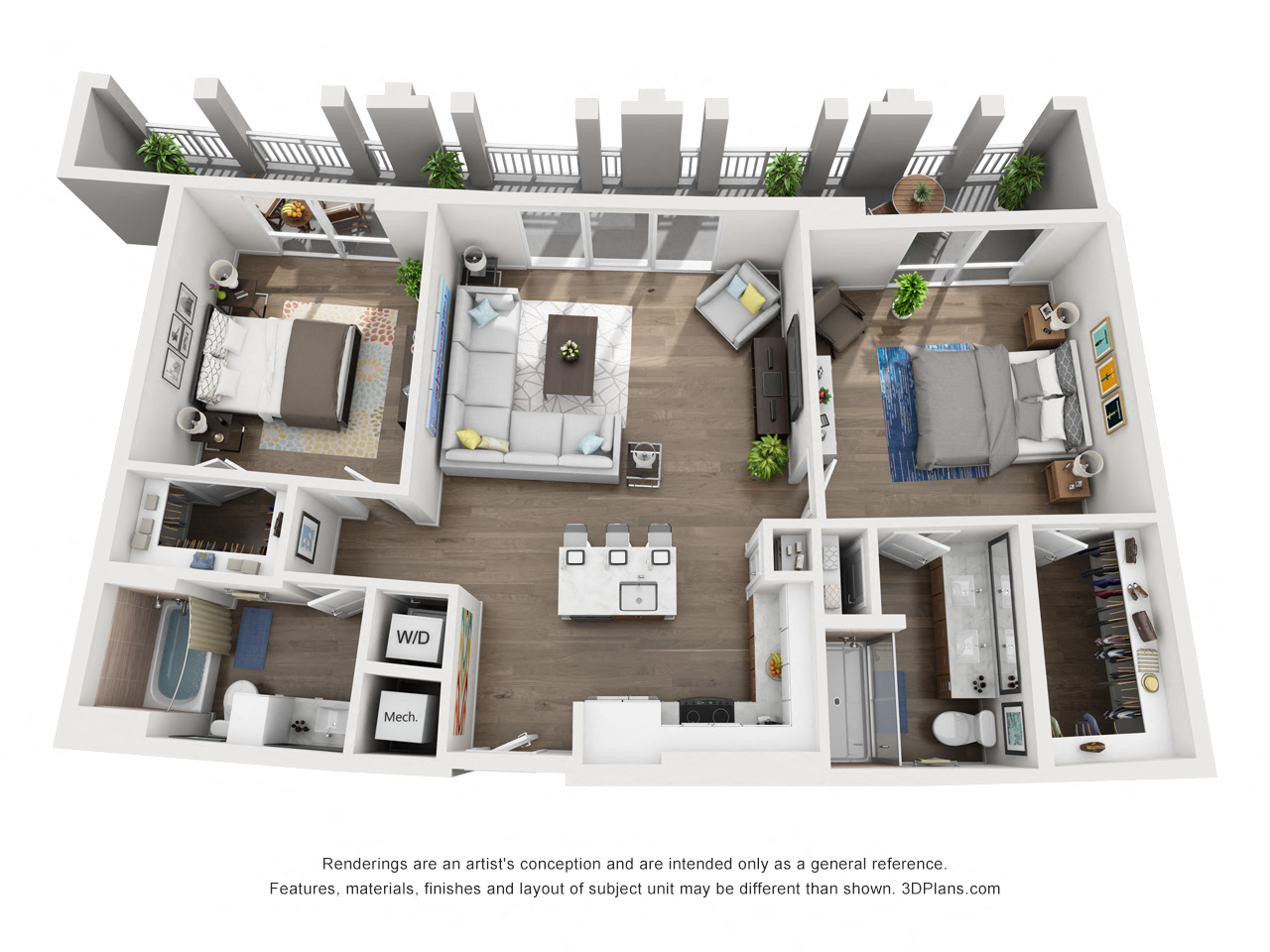 Floor plan for 2 beds, 2 baths, 1290 sqft